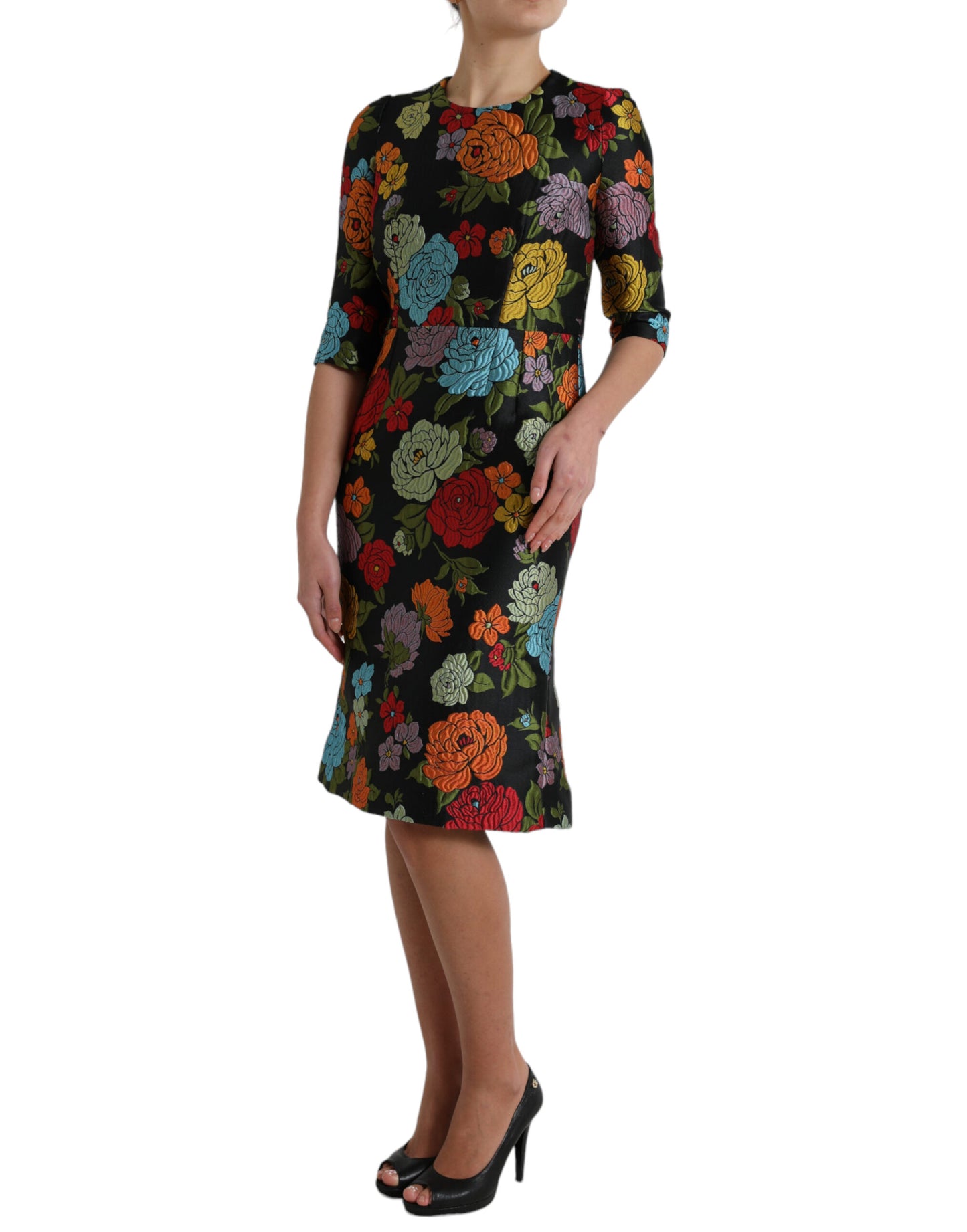 Dolce &amp; Gabbana Schwarzes knielanges Kleid mit Blumenstickerei