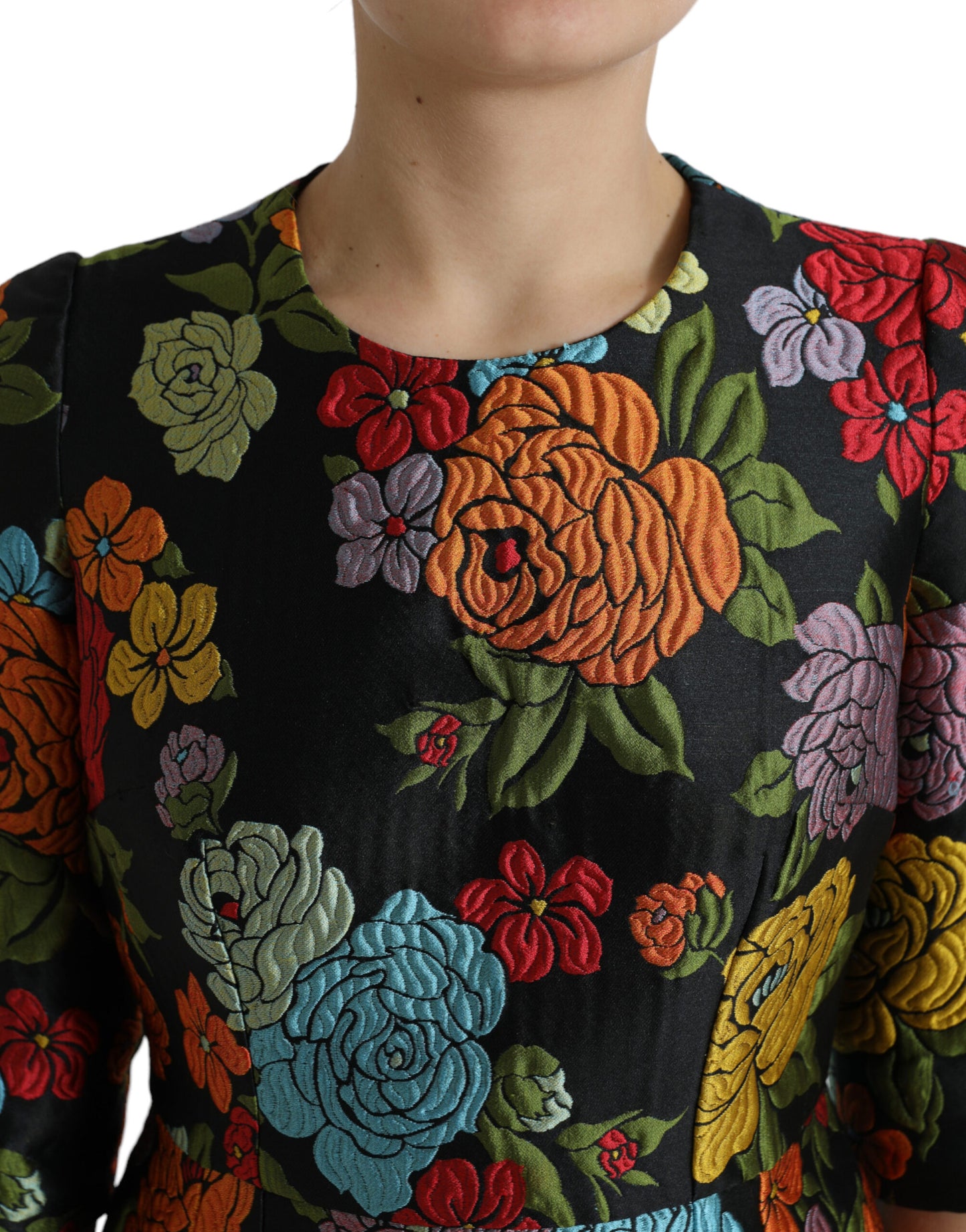 Dolce &amp; Gabbana Schwarzes knielanges Kleid mit Blumenstickerei