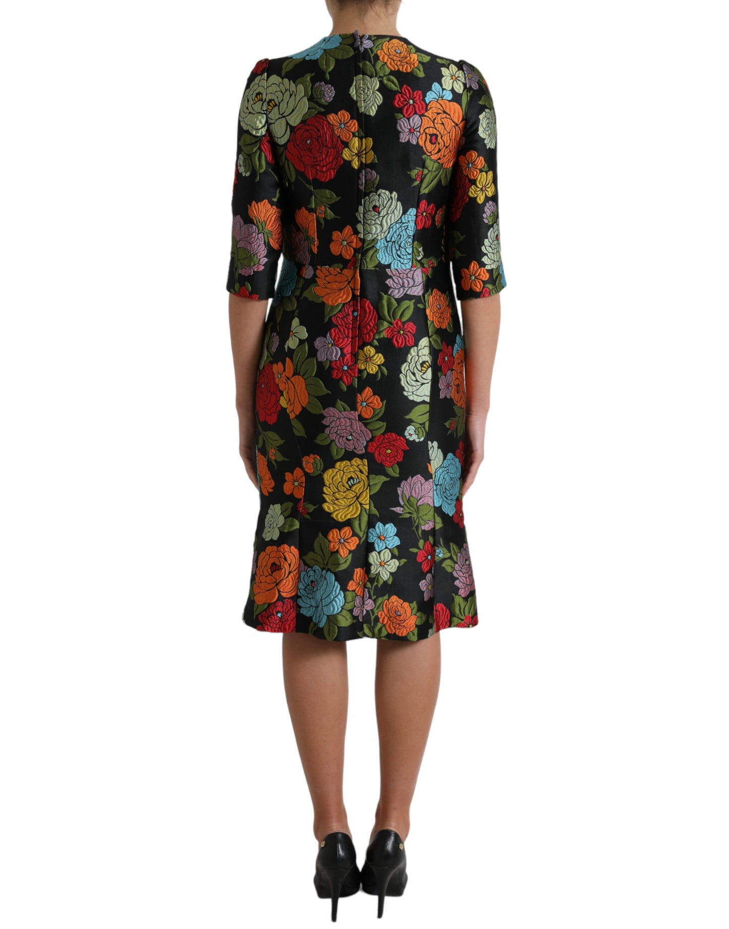 Dolce &amp; Gabbana Schwarzes knielanges Kleid mit Blumenstickerei