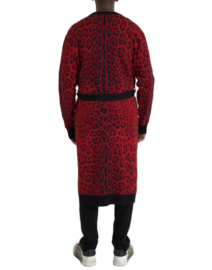 Dolce & Gabbana Red Leopard Wool Robe Belted Cardigan Sweater