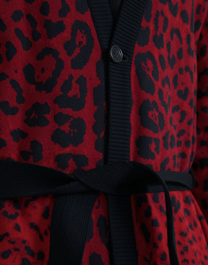 Dolce & Gabbana Red Leopard Wool Robe Belted Cardigan Sweater