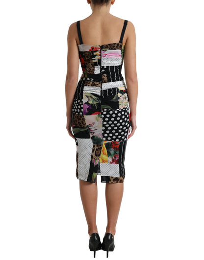 Dolce &amp; Gabbana Mehrfarbiges, figurbetontes Patchwork-Midikleid mit Blumen- und Leopardenmuster