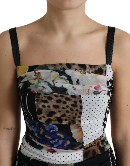 Dolce &amp; Gabbana Mehrfarbiges, figurbetontes Patchwork-Midikleid mit Blumen- und Leopardenmuster