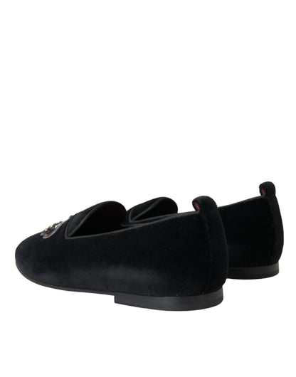 Dolce & Gabbana Black Velvet Crystal Crown Men Loafers Shoes