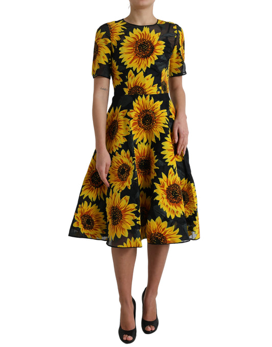 Dolce &amp; Gabbana Schwarzes A-Linien-Midikleid aus Nylon mit Sonnenblumen-Print