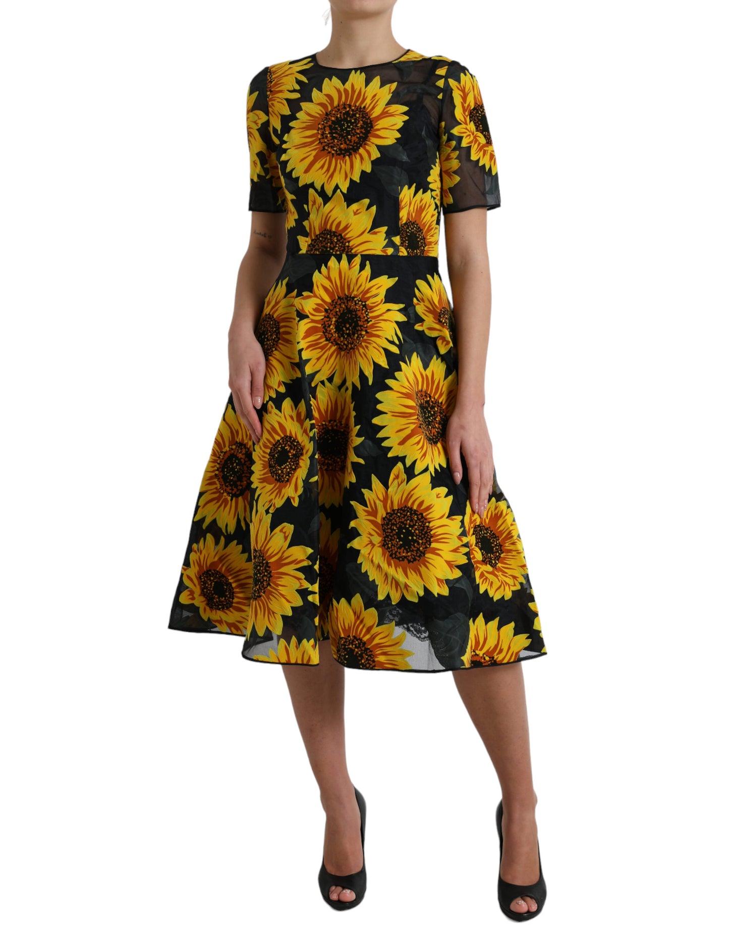 Dolce &amp; Gabbana Schwarzes A-Linien-Midikleid aus Nylon mit Sonnenblumen-Print