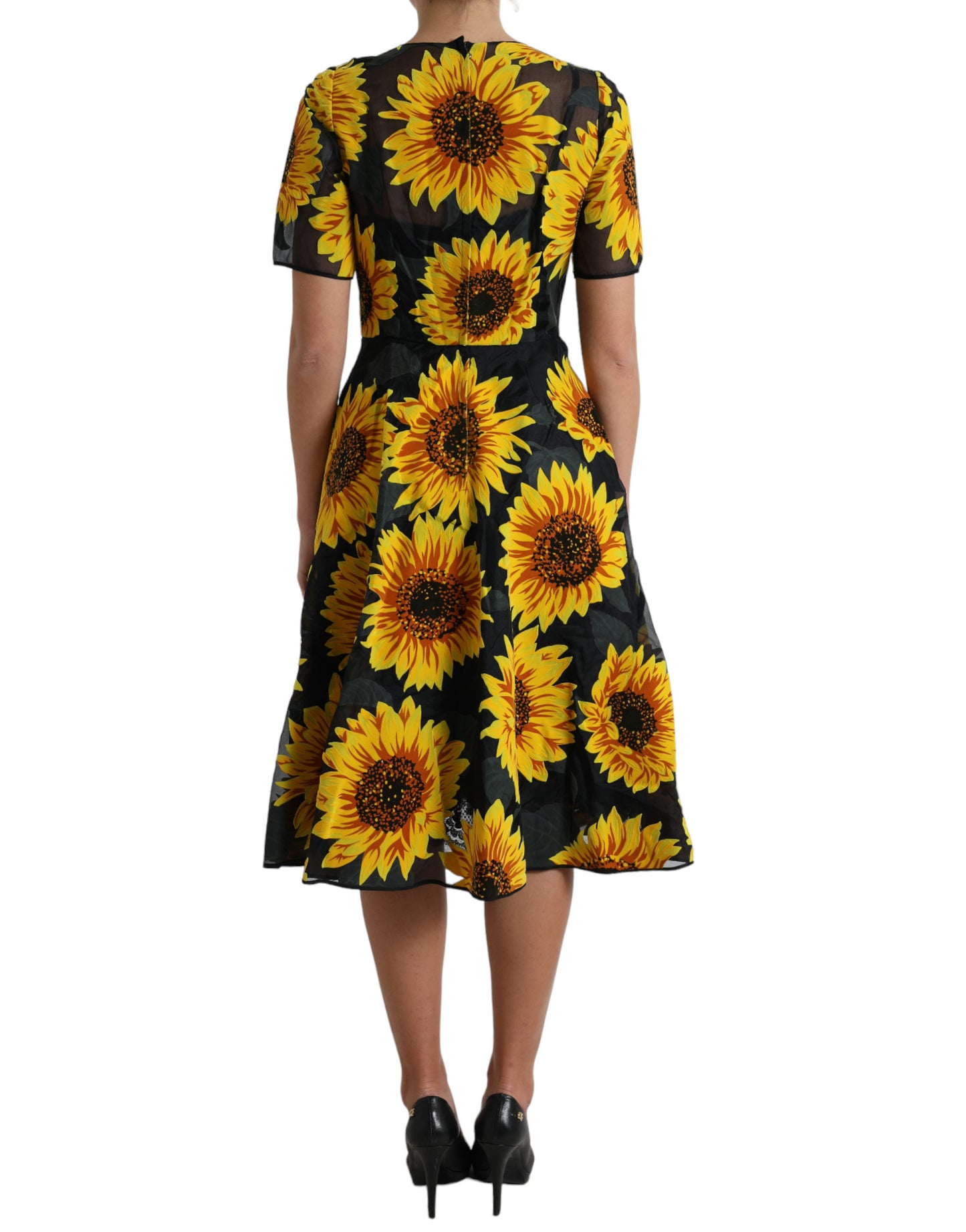 Dolce &amp; Gabbana Schwarzes A-Linien-Midikleid aus Nylon mit Sonnenblumen-Print