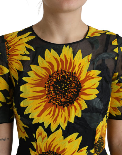 Dolce &amp; Gabbana Schwarzes A-Linien-Midikleid aus Nylon mit Sonnenblumen-Print