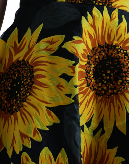 Dolce &amp; Gabbana Schwarzes A-Linien-Midikleid aus Nylon mit Sonnenblumen-Print