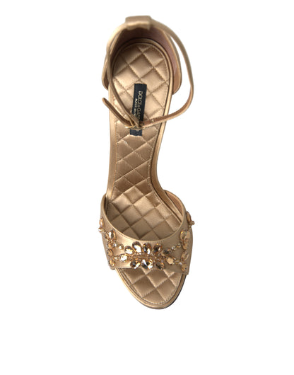 Dolce &amp; Gabbana Gold Satin Knöchelriemen Kristall Sandalen Schuhe