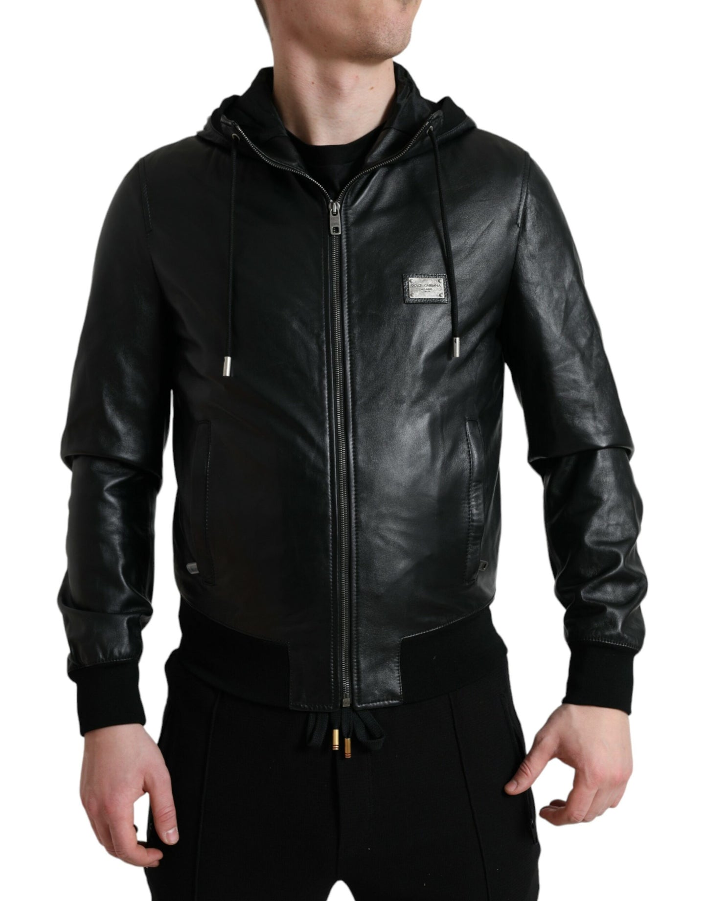 Dolce & Gabbana Elegant Black Leather Hooded Zip Jacket