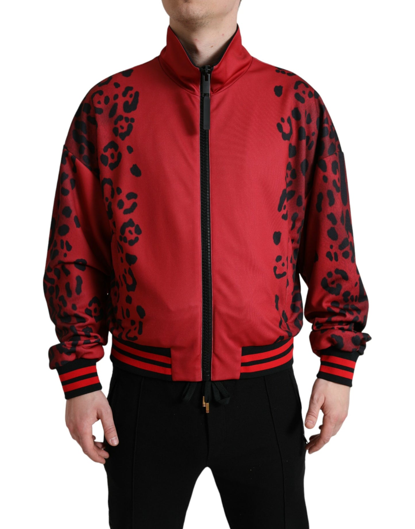 Dolce &amp; Gabbana Rote Leoparden-Polyester-Bomberjacke mit durchgehendem Reißverschluss