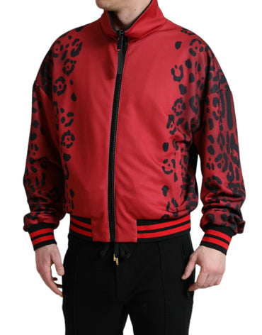 Dolce &amp; Gabbana Rote Leoparden-Polyester-Bomberjacke mit durchgehendem Reißverschluss