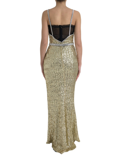 Dolce & Gabbana Golden Sequin Evening Dress with Silk Blend Lining