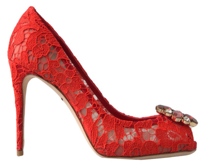 Dolce &amp; Gabbana Red Taormina Lace Crystal Heels Pumps Schuhe