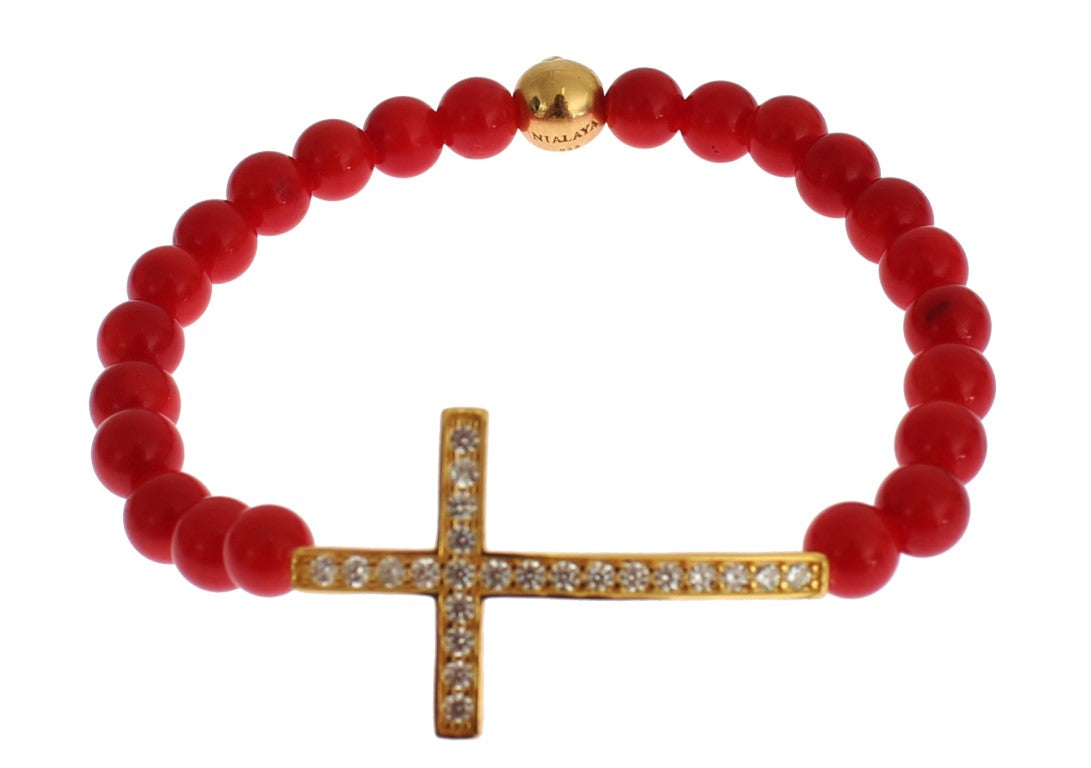 Nialaya Rote Koralle Gold CZ Kreuz 925 Silber Armband