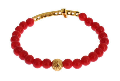 Nialaya Rote Koralle Gold CZ Kreuz 925 Silber Armband