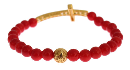 Nialaya Rote Koralle Gold CZ Kreuz 925 Silber Armband