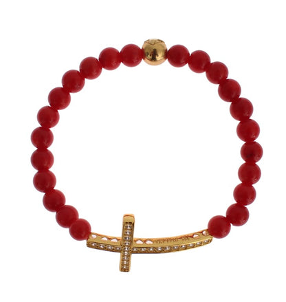 Nialaya Rote Koralle Gold CZ Kreuz 925 Silber Armband