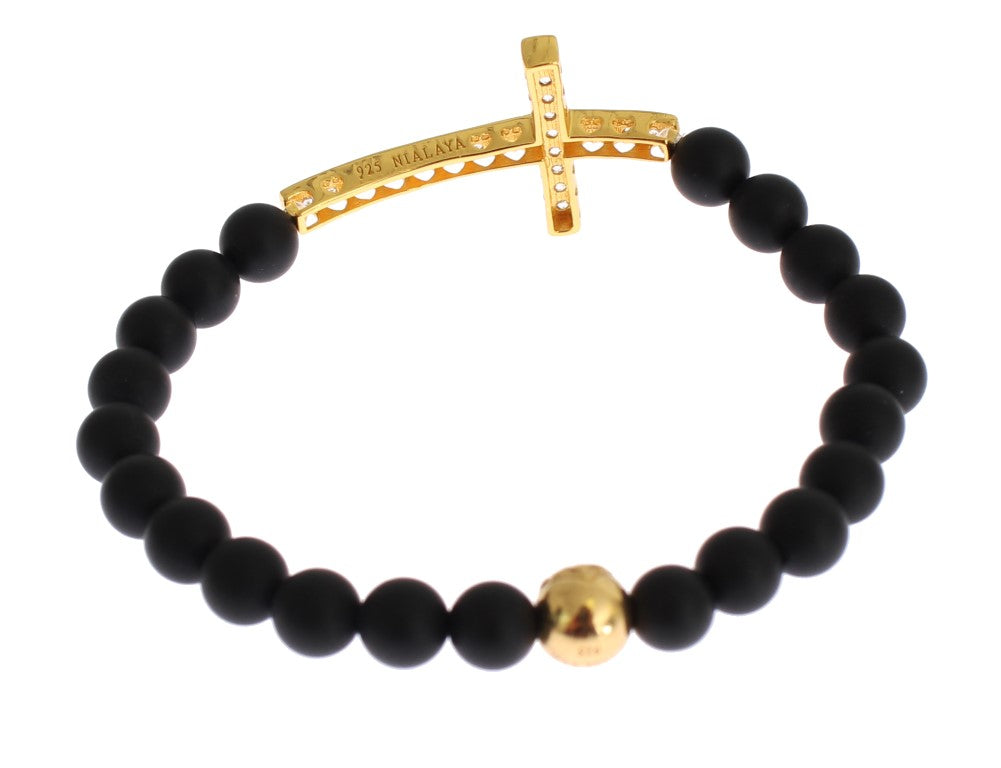 Nialaya Mattes Onyx-Stein-Gold-CZ-Kreuz-Armband aus 925er Silber