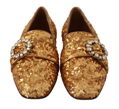 Dolce &amp; Gabbana Gold Pailletten Kristall flache Damen Loafer Schuhe