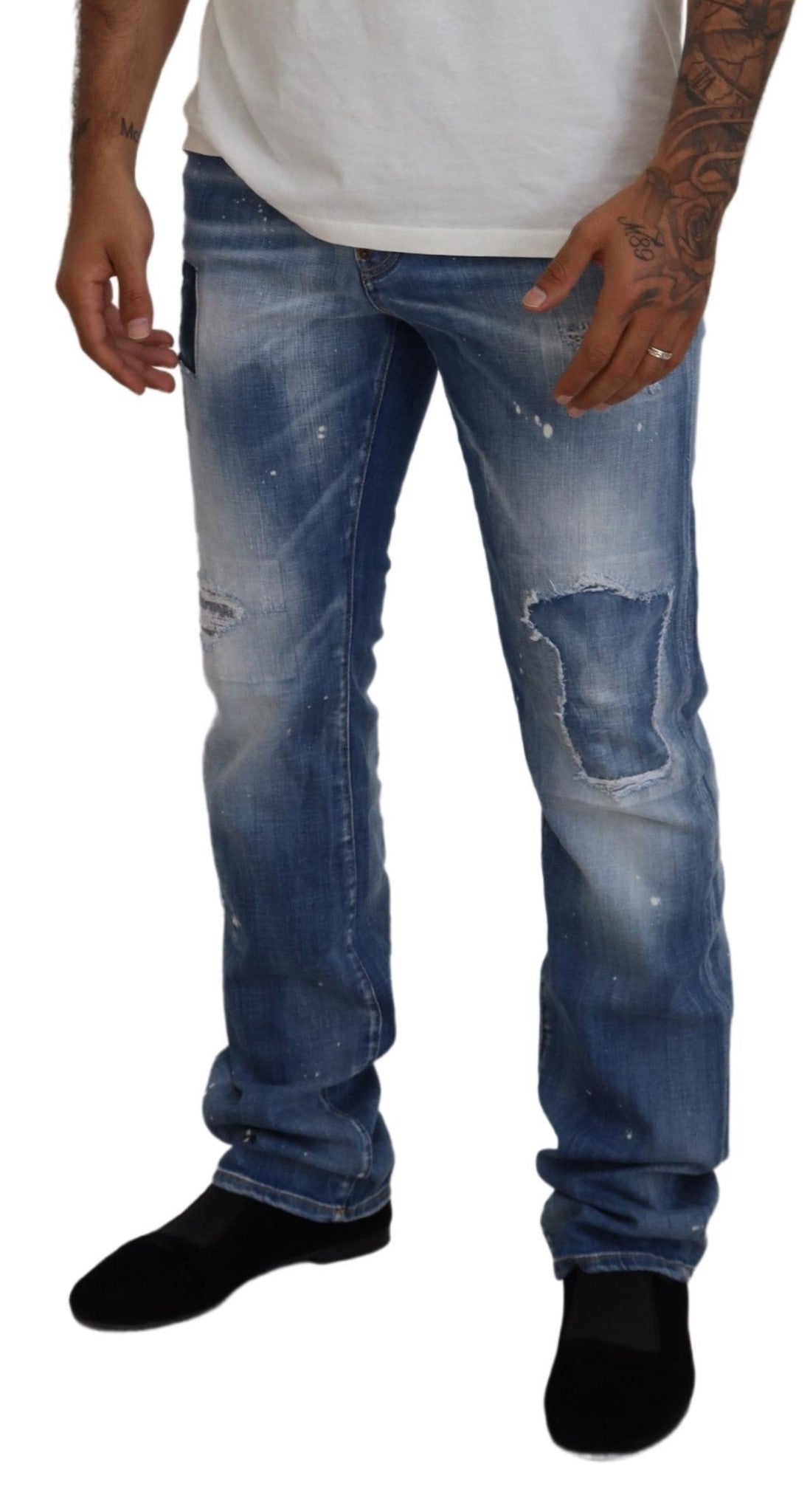 Dsquared² Blue Washed Tattered Straight Fit Casual Denim Jeans