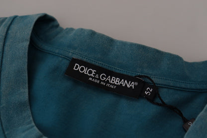 Dolce &amp; Gabbana Blaues Baumwoll-T-Shirt mit Logo-Print und Rundhalsausschnitt