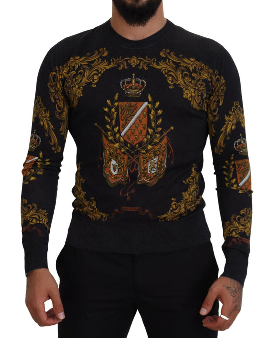 Dolce &amp; Gabbana Grauer Barock-Seidenpullover mit Medaillenmotiv