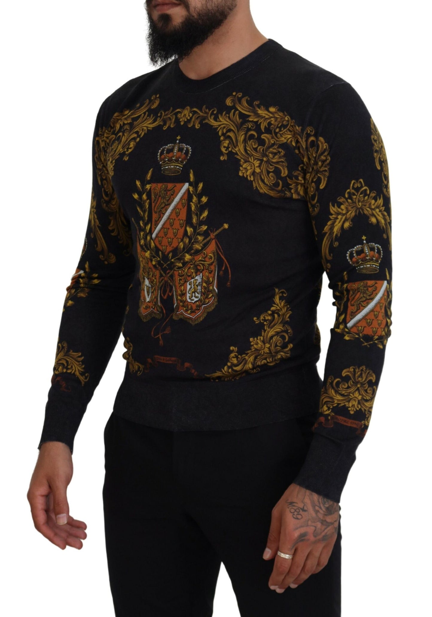 Dolce &amp; Gabbana Grauer Barock-Seidenpullover mit Medaillenmotiv