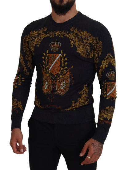 Dolce &amp; Gabbana Grauer Barock-Seidenpullover mit Medaillenmotiv