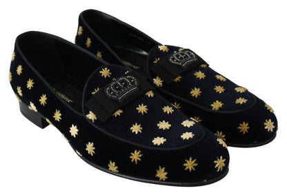 Dolce &amp; Gabbana Blue Velvet Crown Slipper Loafers Schuhe