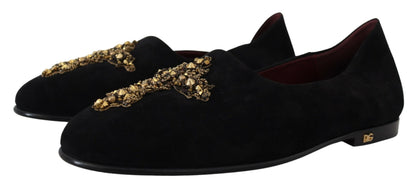 Dolce &amp; Gabbana Schwarze Wildleder-Gold-Cross-Slip-On-Loafer-Schuhe