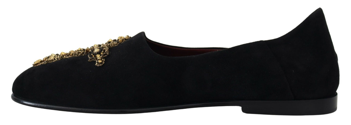 Dolce &amp; Gabbana Schwarze Wildleder-Gold-Cross-Slip-On-Loafer-Schuhe