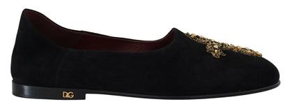 Dolce &amp; Gabbana Schwarze Wildleder-Gold-Cross-Slip-On-Loafer-Schuhe