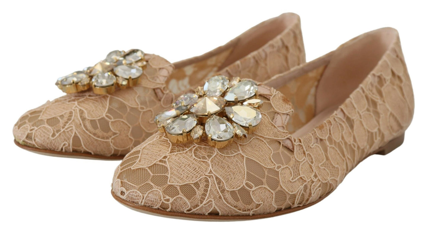 Dolce & Gabbana Elegant Beige Lace Vally Flats with Crystal Accent