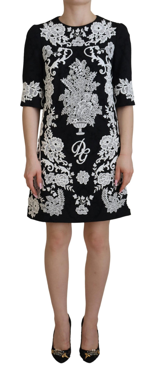 Dolce &amp; Gabbana Schwarzes A-Linien-Kleid mit Spitzenbesatz und halben Ärmeln