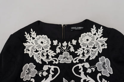 Dolce &amp; Gabbana Schwarzes A-Linien-Kleid mit Spitzenbesatz und halben Ärmeln