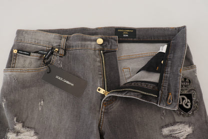 Dolce &amp; Gabbana – Graue, zerfetzte Slim-Fit-Jeans aus Denim mit Stickerei