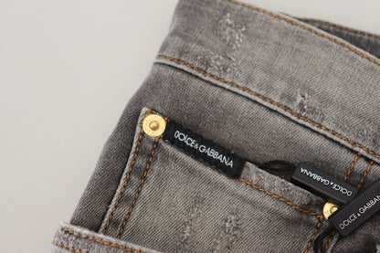 Dolce &amp; Gabbana – Graue, zerfetzte Slim-Fit-Jeans aus Denim mit Stickerei