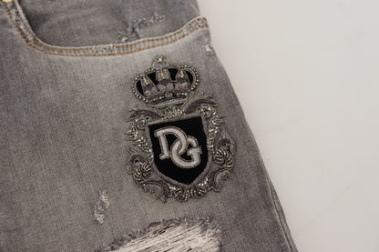 Dolce &amp; Gabbana – Graue, zerfetzte Slim-Fit-Jeans aus Denim mit Stickerei