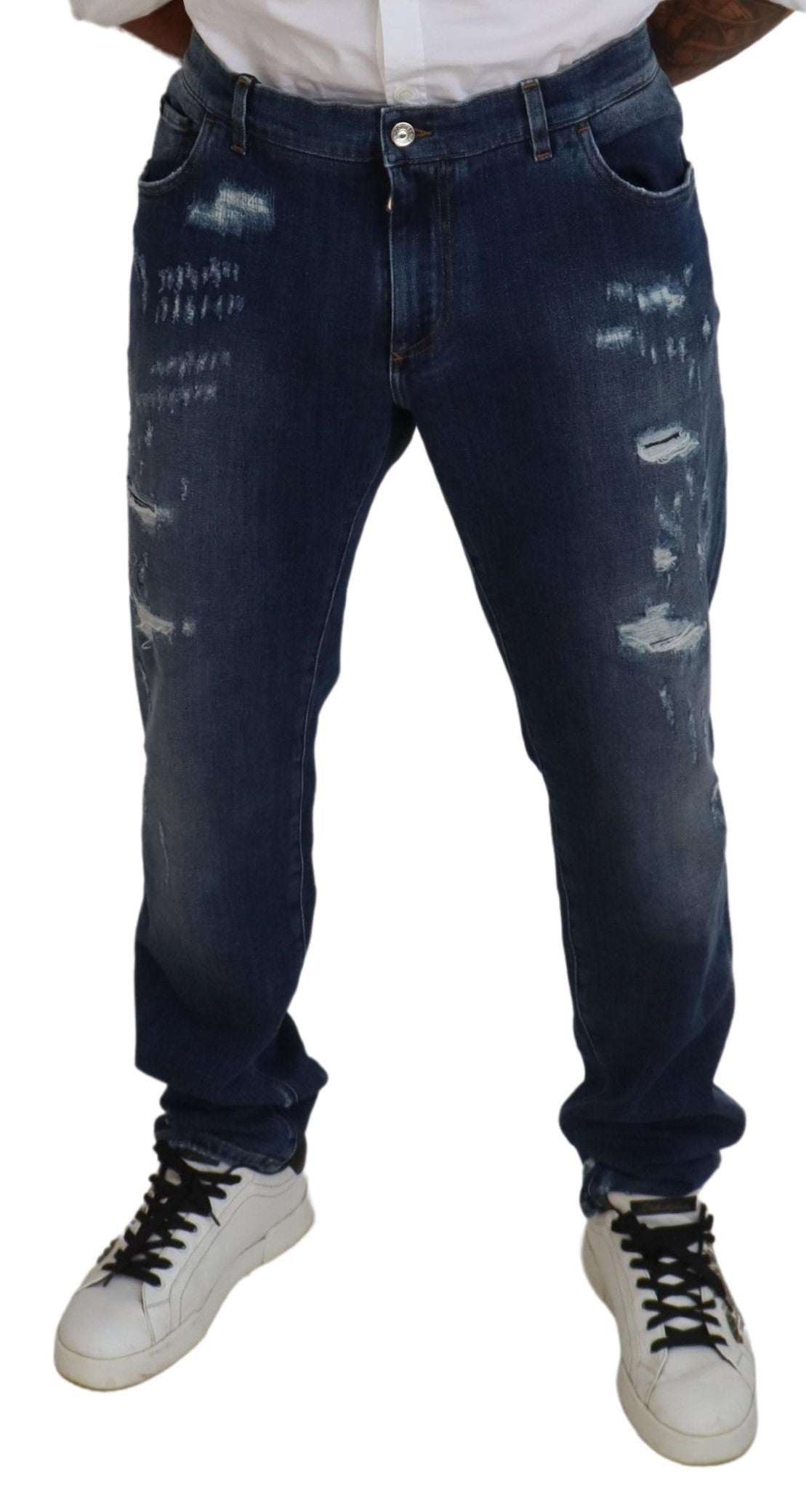 Blaue Dolce &amp; Gabbana-Jeans aus zerfetztem Baumwoll-Stretch-Slim-Denim