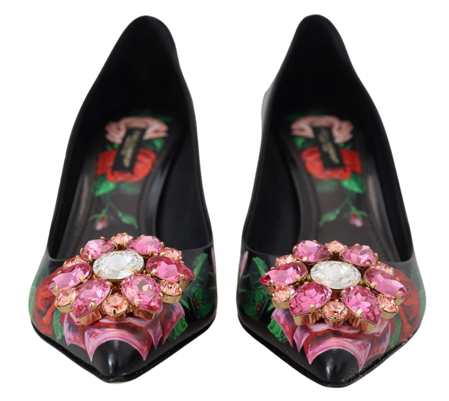 Dolce &amp; Gabbana Schwarze Pumps mit Blumendruck und Kristallabsätzen