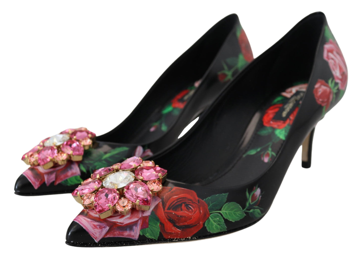 Dolce &amp; Gabbana Schwarze Pumps mit Blumendruck und Kristallabsätzen