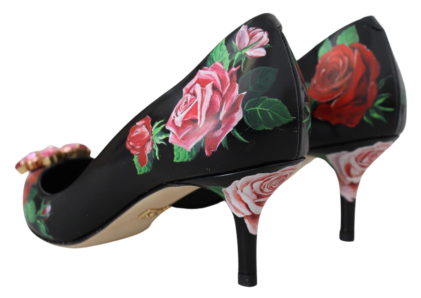 Dolce &amp; Gabbana Schwarze Pumps mit Blumendruck und Kristallabsätzen