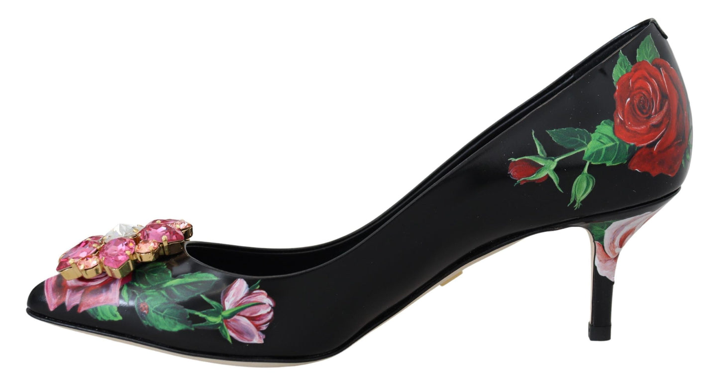 Dolce &amp; Gabbana Schwarze Pumps mit Blumendruck und Kristallabsätzen