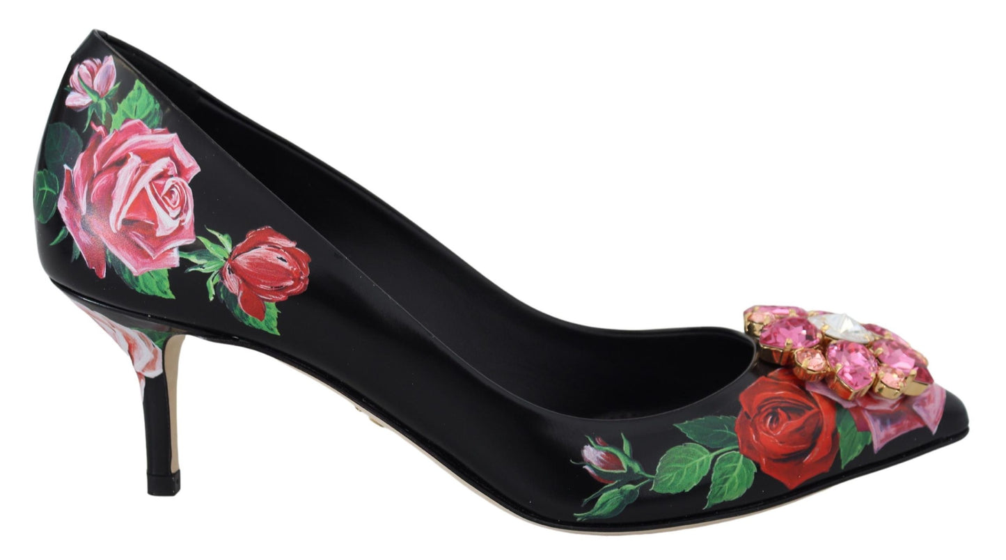 Dolce &amp; Gabbana Schwarze Pumps mit Blumendruck und Kristallabsätzen