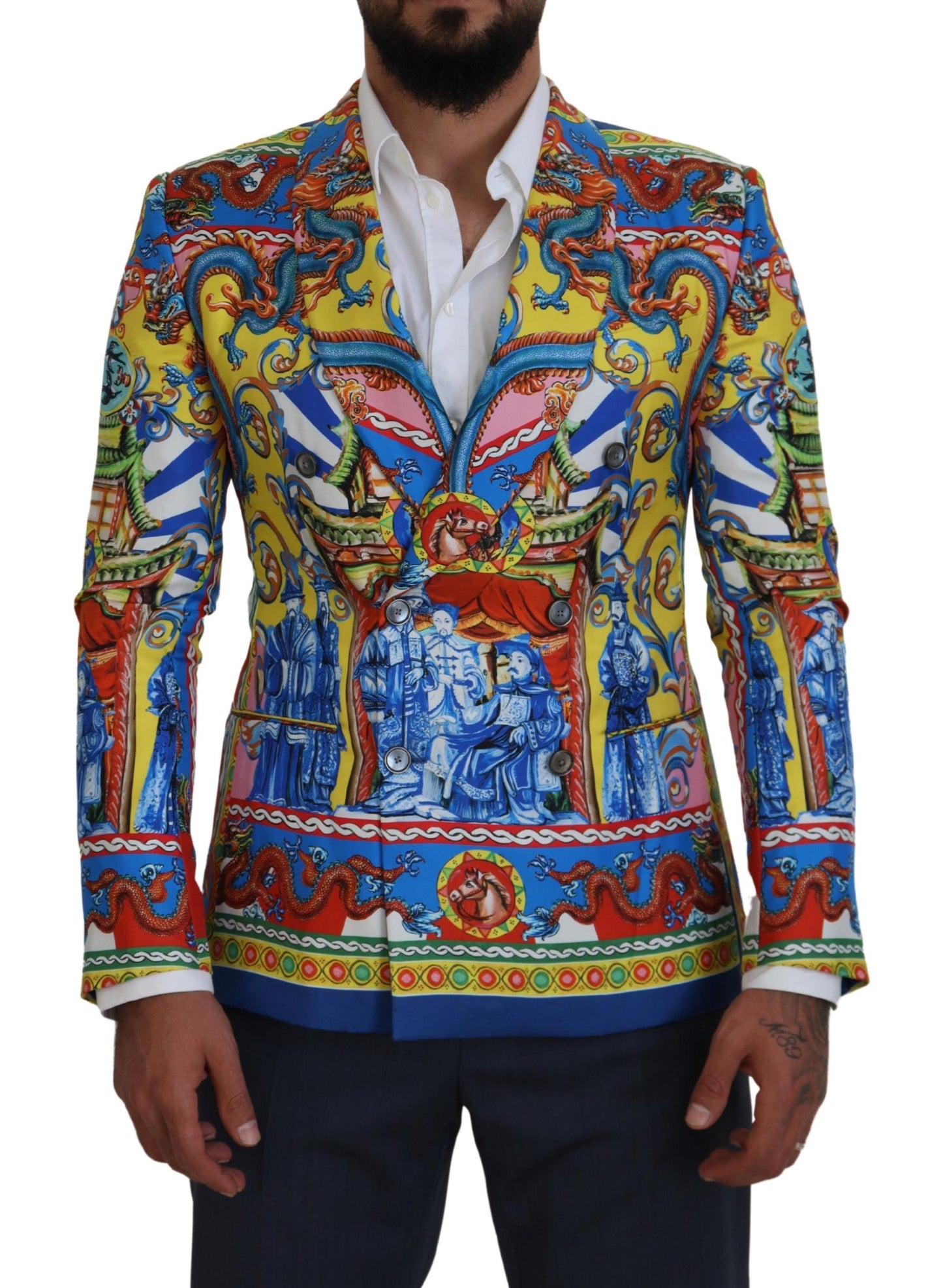 Mehrfarbiger Slim-Fit-Blazer aus Seide mit Drachenmuster von Dolce &amp; Gabbana