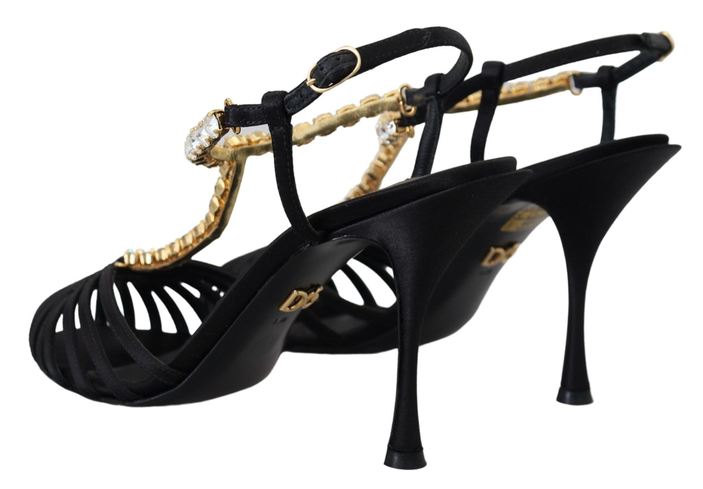 Dolce &amp; Gabbana Schwarze Satin-Sandalen mit klarem Kristall und T-Riemen