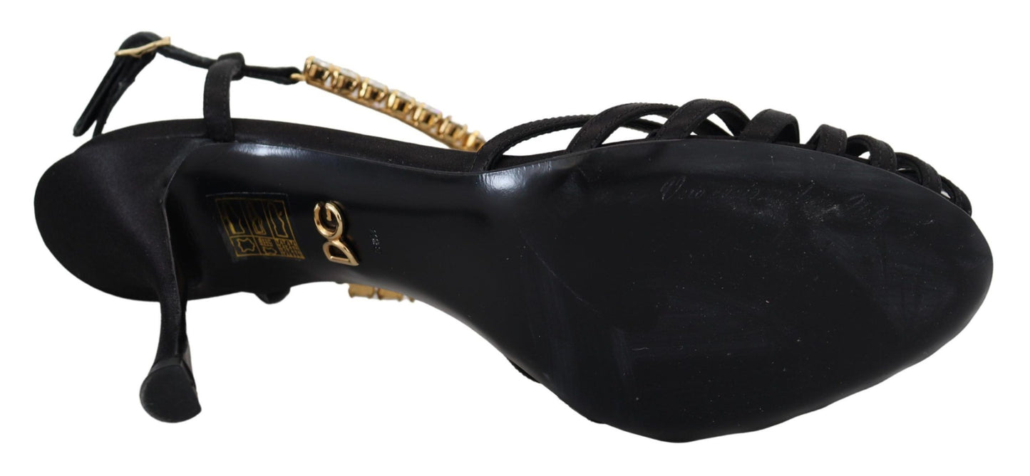 Dolce &amp; Gabbana Schwarze Satin-Sandalen mit klarem Kristall und T-Riemen