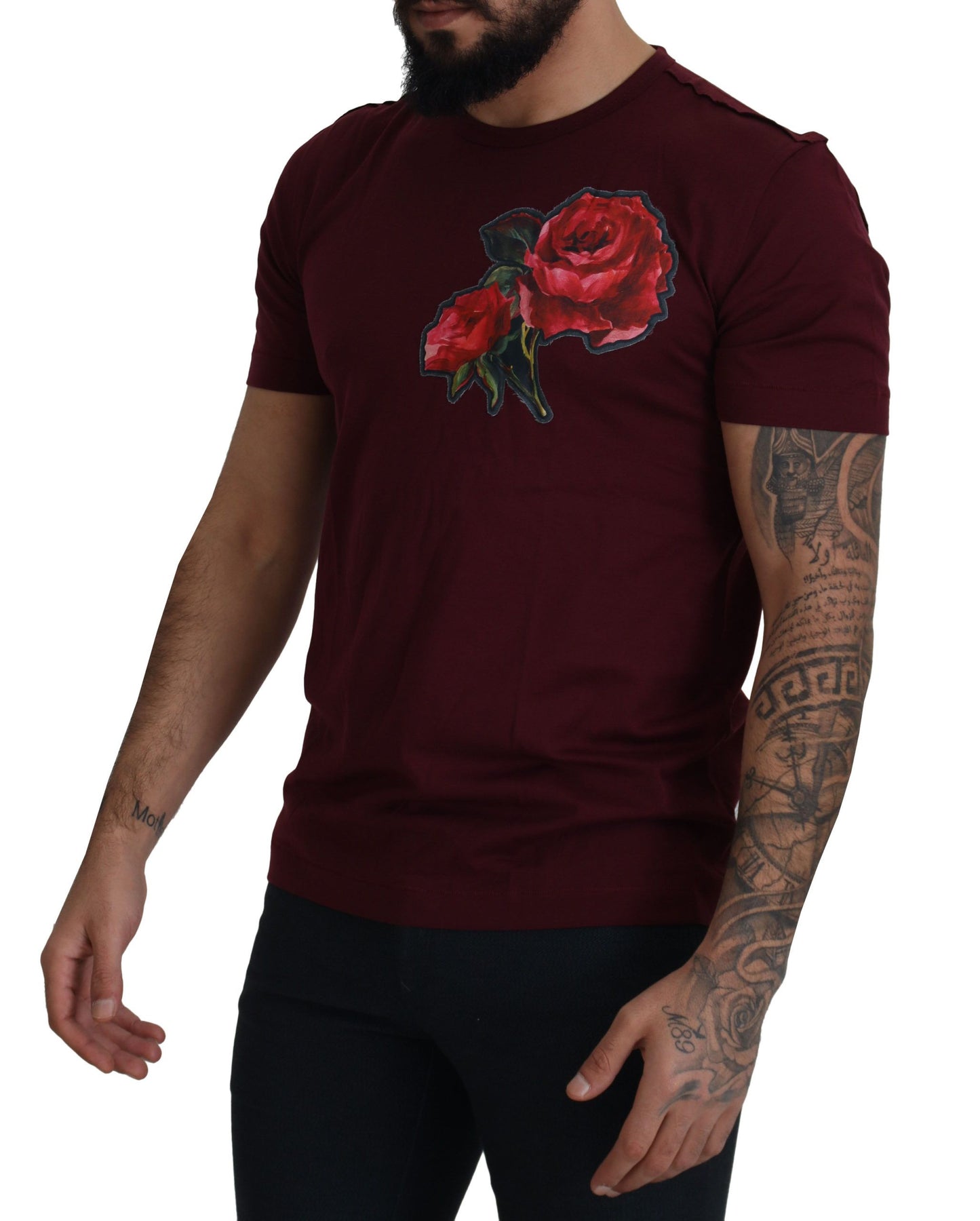 Dolce & Gabbana Elegant Bordeaux Roses Motif Crewneck Tee